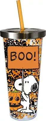 Peanuts Snoopy Jack-o'-Lantern & BOO! Sign 16 oz Glitter Travel Cup w/ Straw NEW