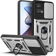 [Eabhulie] Motorola Edge 30 Fusion Case, Rugged Armor Protection Case with Slide Camera Cover & Ring Holder Stand for Motorola Edge 30 Fusion Silver