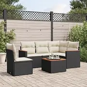 6 Piece Rattan Garden Sofa Set with Cushions Black for Patio, Balcony & Porch - Outdoor Wicker Conversation Furniture Sets, Chairs & Table