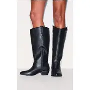 Black PU Wide Fit Point Toe Knee High Western Boots, Black