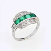 Art Deco Style Emerald & Lab-Created Diamond Wedding Ring 14k White Gold Finish