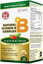 AFC Japan Natural Vitamin B Complex - with B1, B2, B3, B6, B12, Folic Acid and Glutathione Yeast Extract - Supplement for Stress, Energy, Immune and Nervous System Support – Vegan, 120 Caplets