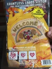 Vogart Crafts Cross Stitch 14 ct WASTE CANVAS Welcome 7.5x 10" home tree rainbow