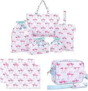 COLORFUL CANDY STYLE/Laura Ashley Kindergarten Entrance Series 7-Piece Set, Pretty Flamingo Lesson Bag, Kindergarten School Bag, Shoe Case, Gymnastics Clothing Bag, Lunch Bag, Cup Bag, Luncheon Mat,
