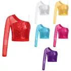 Girls Shiny Sequins Dance Crop Tops One Shoulder T-Shirt Jazz Hip Hop Costume