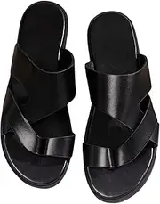 [GORGLITTER] Men's Beach Leather Sandals Slide Footwear Round Flip Flops Pu Slip On Slippers