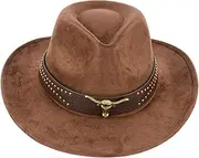 [TOLASTO] Western Hat for Men and Women, Western Cowboy Hat with Bull Head Decor, Women's Retro Vintage Jazz Hat, Plain Cowgirl Hats for Adults, Classic Western Style in Coffee, Coffee, M