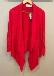 Chico's Women's Open Front Draped Cardigan Large Roll Tab Sleeves Career Preppy