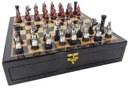 Medieval Times Crusades Red & White Maltese Chess Set Walnut Color Storage Board