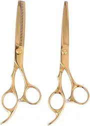 PACKOVE 2pcs Stainless Steel Hairdressing Scissors Set Ergonomic Hair Cutting Tools Golden for Professional Salon Home Use Includes Flat Thinning Shears Corrosion Design