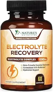 Electrolyte Pills Extra Strength Salt Tablets 690mg - Keto, Cramps, Rehydration, Recovery - Made in USA - Electrolytes Replacement Capsule with Magnesium, Sodium, Potassium, Calcium - 60 Capsules