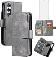 [Asuwish] Phone Case for Samsung Galaxy S23 FE 5G Wallet Cover With Tempered Glass Screen Protector Flip Credit Card Holder Slot Stand Purse Folio Pocket Mobile TPU Cell S 23 EF S23FE 23S Women Men Grey