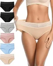 [OLIKEME] Cotton Underwear for Women Mid-High Waisted Lace Band Lady Panties No Show Breathable Hipster Briefs 6Pack