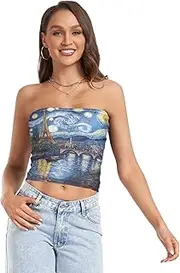 [RPLIFE] Paris Starry Night Cropped Tube Top Sheer Tube Tops, Strapless Cami, Summer Tops Women (S)