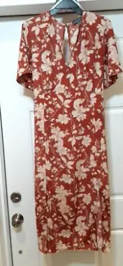 Primark dress brown floral zip peasant bells sleeves strap belt summer size 16