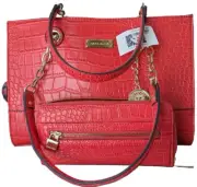 Anne Klein Red Satchel Handbag Gold Hardware Medallion + Zip Around Wallet New