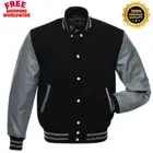 Men’s Black Wool Leather Sleeve Varsity Jacket - Letterman Bomber Snap Front