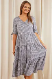 Check Midi Dress V-neck Short Sleeve
