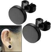 [GoProver] 8mm Black Round Stud Earrings Set Stainless Steel Ear Studs for Men Women Tunnel Plug Post Pierced Tunnel, 2pcs/1 Pair