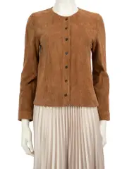 Brown Suede Round Neck Button Up Top