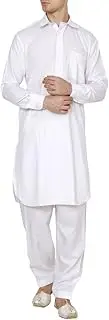 [Royal Kurta] Royal Mens Neck thread Embroidered Classic Collar White Pathani Suit