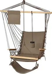Hammock Hanging Chair Hanging Rope Swing, Swing Wooden Garden Seat for Outdoor Camping Patio Lounge with Portable Soft Cushion Footrest Storage and Cup Holder