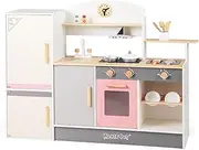HONEY JOY Kids Little Chef Play Kitchen Set, Role Play Pretend Kitchen w/Range Hood, Refrigerator, Faucet & Sink, BBQ Grill, Oven, Modern Wooden Toy Kitchen Playset for Toddlers Age 3+ Years
