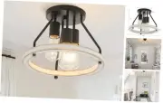 Rustic Flush Mount Ceiling Light Fixture with Oak White Wood Circle Shade