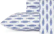 Nautica - Twin Sheets, Cotton Percale Bedding Set, Twin, Woodblock Fish Blue