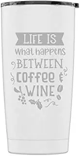 Stainless Steel Powder Coated 20 oz Tumbler Splash Proof Lid 2 Straws, Triple Wall Vacuum Insulated, Mug Coffee Cup Travel, Camping, Work, Gym Hot Cold Drinks (White, Life is)