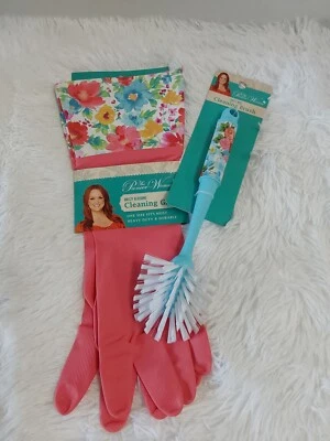 Pioneer Woman Pink Breezy Blossoms Heavy Duty Cleaning Gloves & Cleaning Brush
