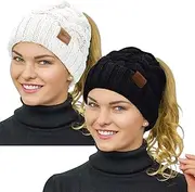 [Rosoz] Ponytail Beanie for Women,Winter Warm Beanie Tail Soft Stretch Cable Knit Messy High Bun Hat