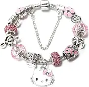 [QSAENHA] Cute Cartoon Cat Chain Bracelet Metal Crystal Pearl Bracelet Kawaii Bracelets Crystal Beads Bracelet Set Cute Cartoon Elastic Beaded Pearl Bracelets Jewelry for Women Girls Sisters Gifts/1165