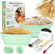Silicone Banneton Bread Proofing Baskets, 9 Inch Round & 10 Inch Oval Foldable Sourdough Baking Basket, Complete Set for Bread Making With Essential Tools, Easy to Clean and Strage