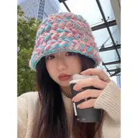 在飛比找蝦皮購物優惠-iu李智恩同款混色手工編織毛線帽子女秋冬韓版百搭彩色線針織帽