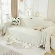 [DREAMINGO] Modern Minimalism Couch Cover for 3 Cushion Couch Sofa Cream White 3 Seat Sectional Sofa Covers Chenille Couch Cover for Dogs Boho Herringbone Furniture Sofa Slipcover, 71"x134"