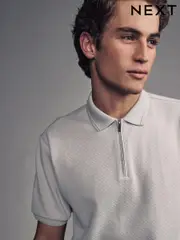 Grey Short Sleeve Textured Quarter Zip Polo Shirts (B24636) | $44