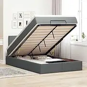 vidaXL Ottoman Bed Frame with Mattress - King Single Dark Grey Fabric, Pocket Spring, LED Lights, Storage