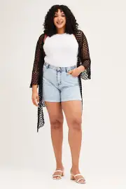 Black Ruffle Sleeve Open Front Crochet Cardigan