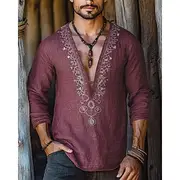 Men's Shirt Summer Shirt Casual Shirt Beach Shirt Black White Red Gray Long Sleeve Plain Viking Deep V Vacation Hawaiian Print Clothing Apparel Fashion Casual