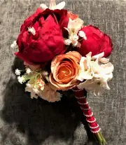 Red, Pink and White Faux Flower Wedding Bouquet with Ribbon & Pearl Embellishmnt