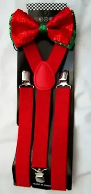 Red Sequin with Green Tips Pre-Tied Bow Tie&Red Glitter Y-back Suspenders-New!