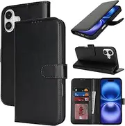 Cavor for iPhone 16 Case Leather Wallet Folio Flip Cover with Kickstand and Photo Holder Card Slots Protective Shockproof Phone Cases-Black