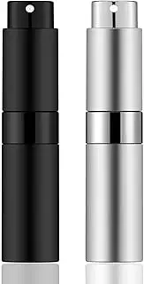 8ml Travel Perfume Atomiser Refillable, 2 PCS Mini Refillable Perfume Bottle Aftershave Spray Bottle, Upgraded Perfume Atomizer Perfume Pod and Refill Pump for Outdoor Traveling (Black+Silver)
