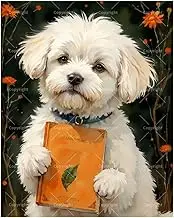 Animal Paint by Numbers Kit for Adults - DIY White Puppy Holding Book with Flowers Painting on Canvas 16x20 Inches, Acrylic Paint Set for Beginners, Cute Pet Art for Home Decoration or Gifts