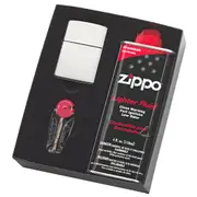 Zippo #250 High Polished Chrome Lighter Gift Set W/ Fluid & Flints