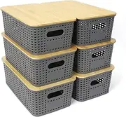 UHAPEER Plastic Storage Baskets with Lids, 6 PCS Cute Storage Bins with Lids Small, Bamboo Lid Storage Containers Stackable Baskets, Pantry Baskets for Classroom Shelves Drawer Desktop Closet Organize
