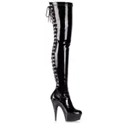 Pleaser Delight-3063 Exotic Dancer Pole Patent Black Lace Up Thigh High Boots
