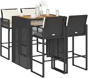 5 Piece Garden Bar Set with Cushions Black Poly Rattan Acacia, Garden Furniture Sets