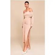 Taupe Onion Skin Bardot Tie Waist Maxi Dress, Taupe
